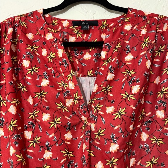 Ellos Women's Cottagecore Floral Notch-Neck Smocked Sleeve Cuff Red Blouse Sz 24 - Picture 4 of 10